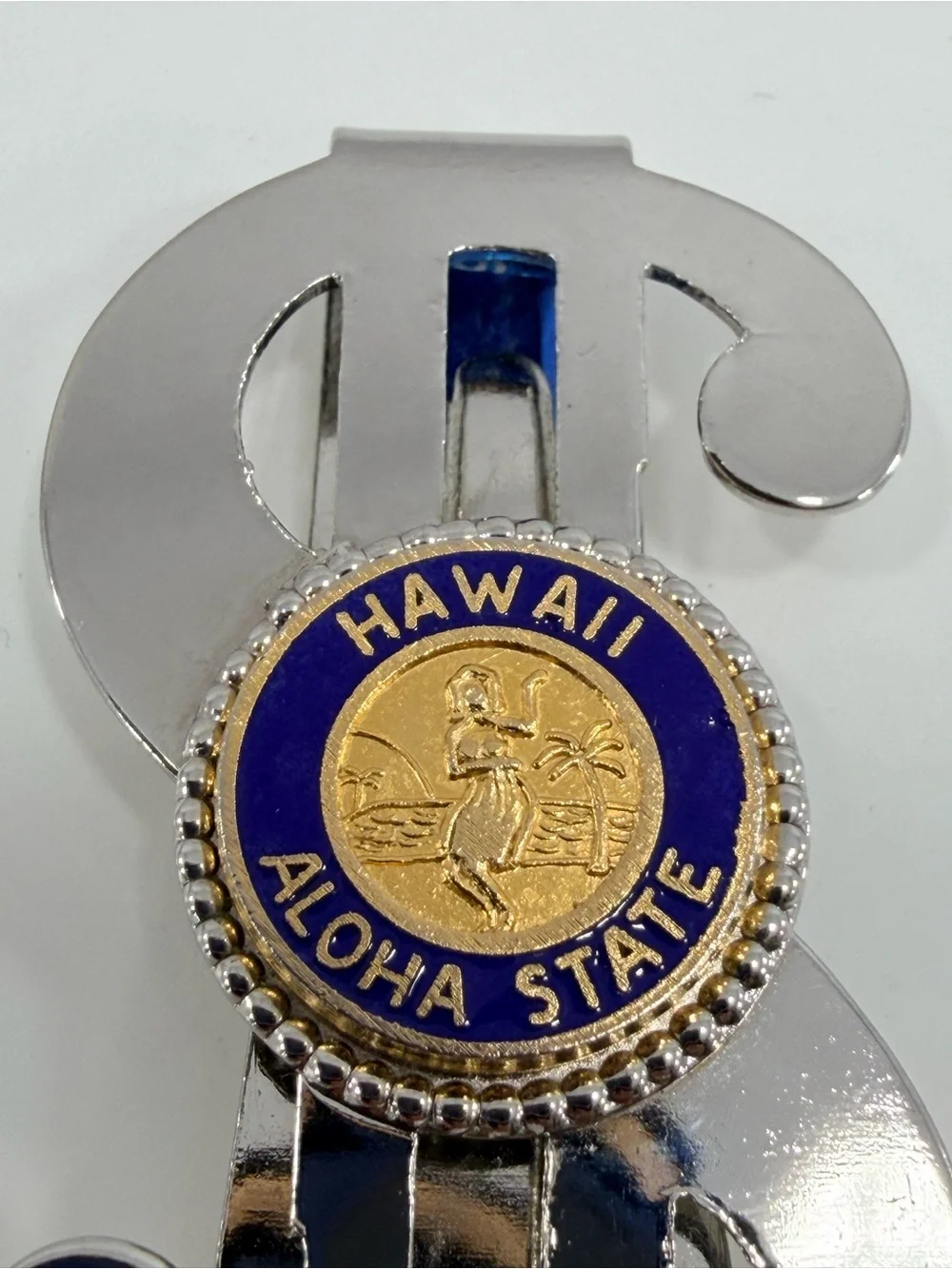 VTG Hawaii Aloha State Money Clip Dollar Sign Silver Tone Blue Enamel Hula